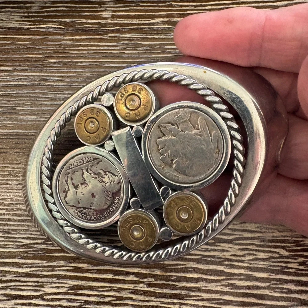 Vintage custom belt buckle featuring Buffalo nickels and brass bullet casings